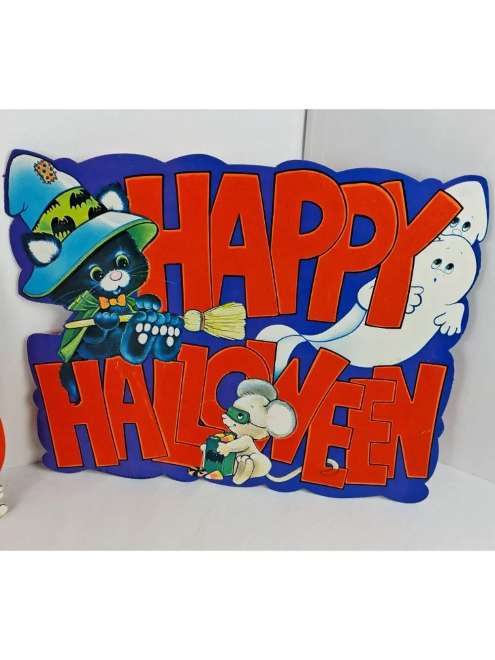 VTG Peck Halloween Flocked Double Sided Die-Cut 5 pcs Ghosts Cats Pumpkin Skull